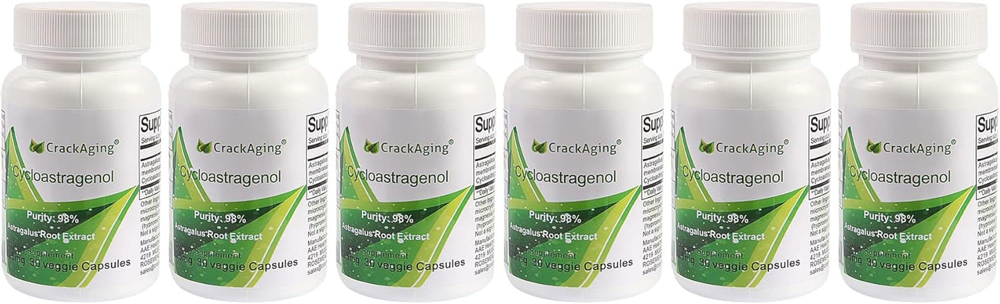 Crackaging Super-Absorption Cycloastragenol 98% 25mg/Cap, 180 Caps in 6 Bottles Anti-Aging reactivate & DNA Cell Telomerase Supplements Strength Faction Longevity Classic