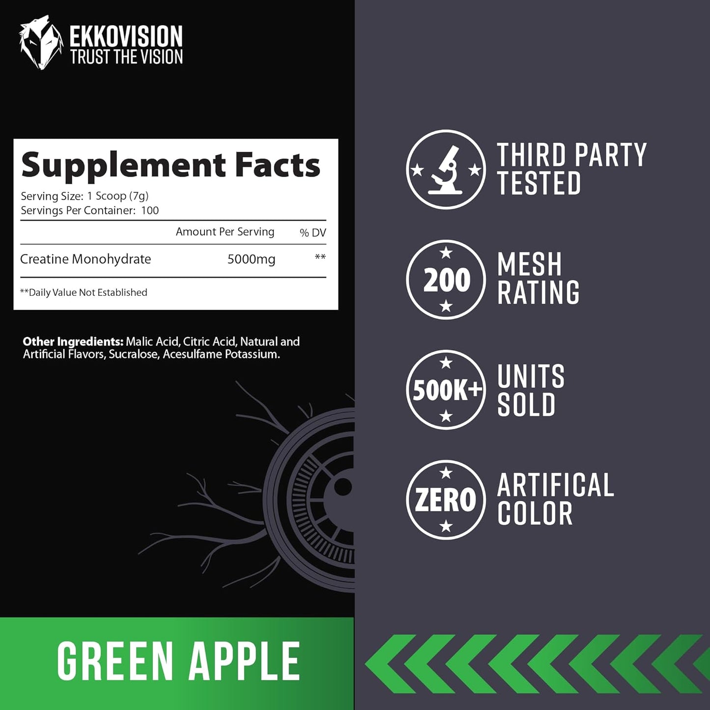 Creatine Monohydrate Powder, Micronized, Green Apple, Pre Workout & Post Workout Supplement for Men and Women, Energy Support, Easy to Mix in Shakes, Smoothies & Beverages, 100 Servings