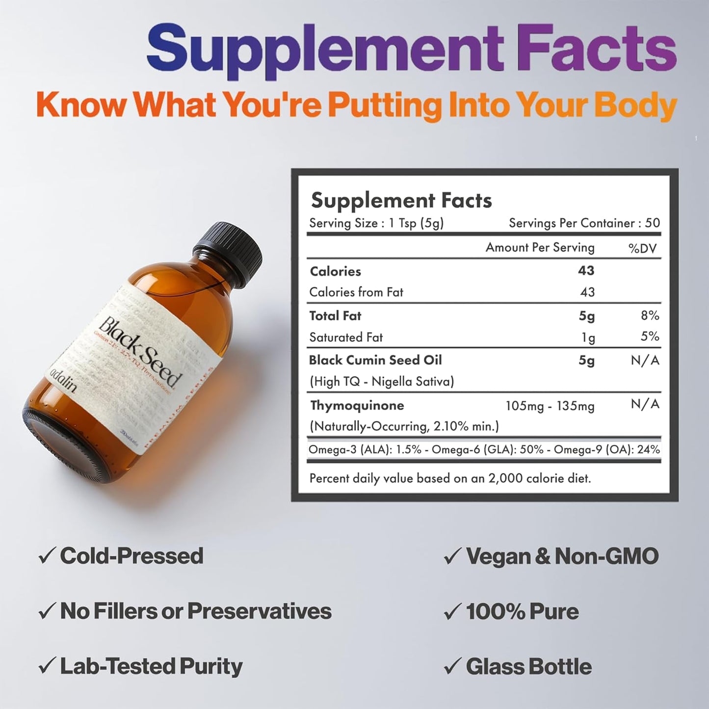 adalin Black Seed Oil Liquid 8.4 fl oz | Nigella Sativa Seed Oil | High Thymoquinone | Cold Pressed | Glass Bottle | Blackseed | Vegan | Gluten Free