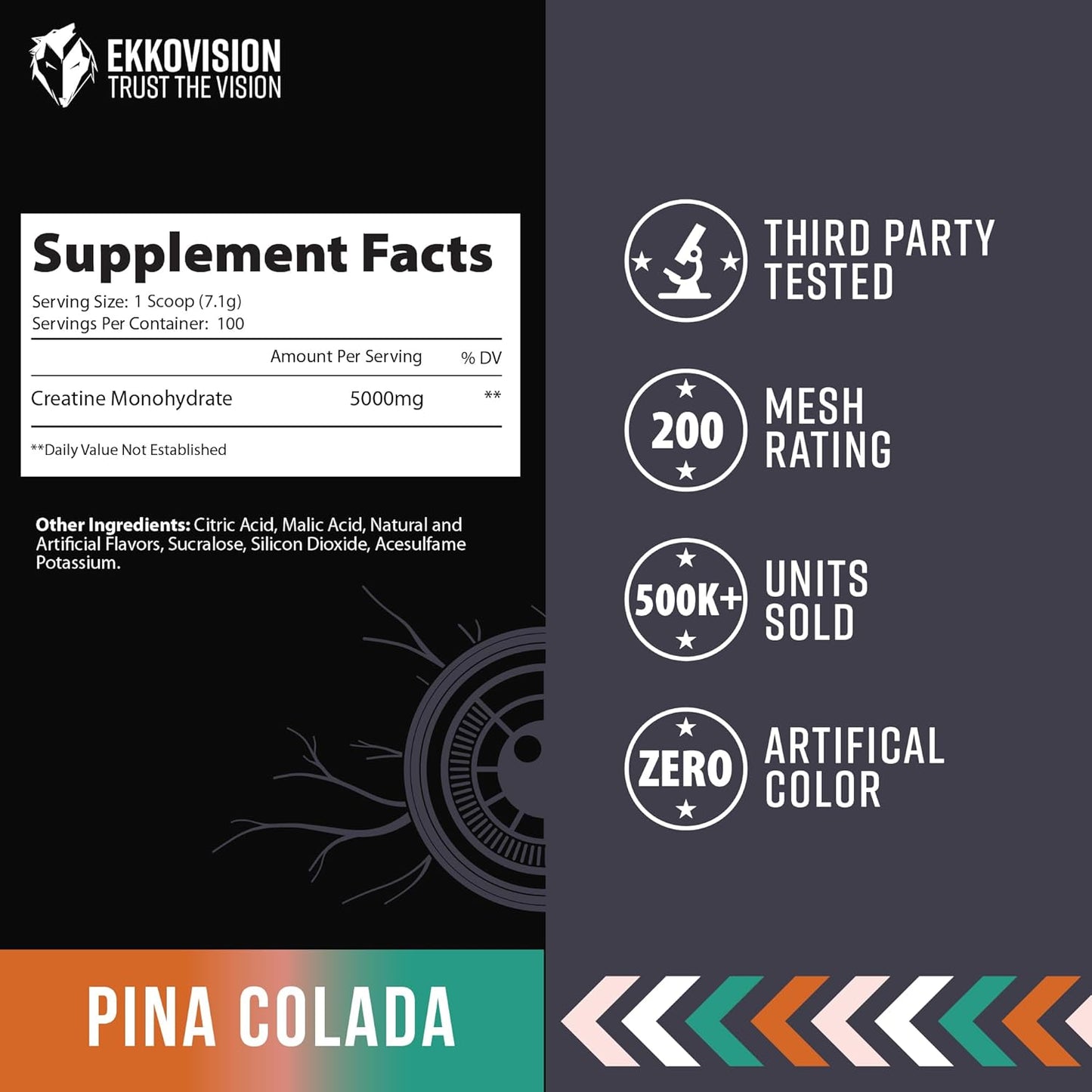 Creatine Monohydrate Powder, Micronized, Pina Colada, Pre Workout & Post Workout Supplement for Men & Women, Energy Support, Easy to Mix in Shakes, Smoothies & Beverages, 100 Servings