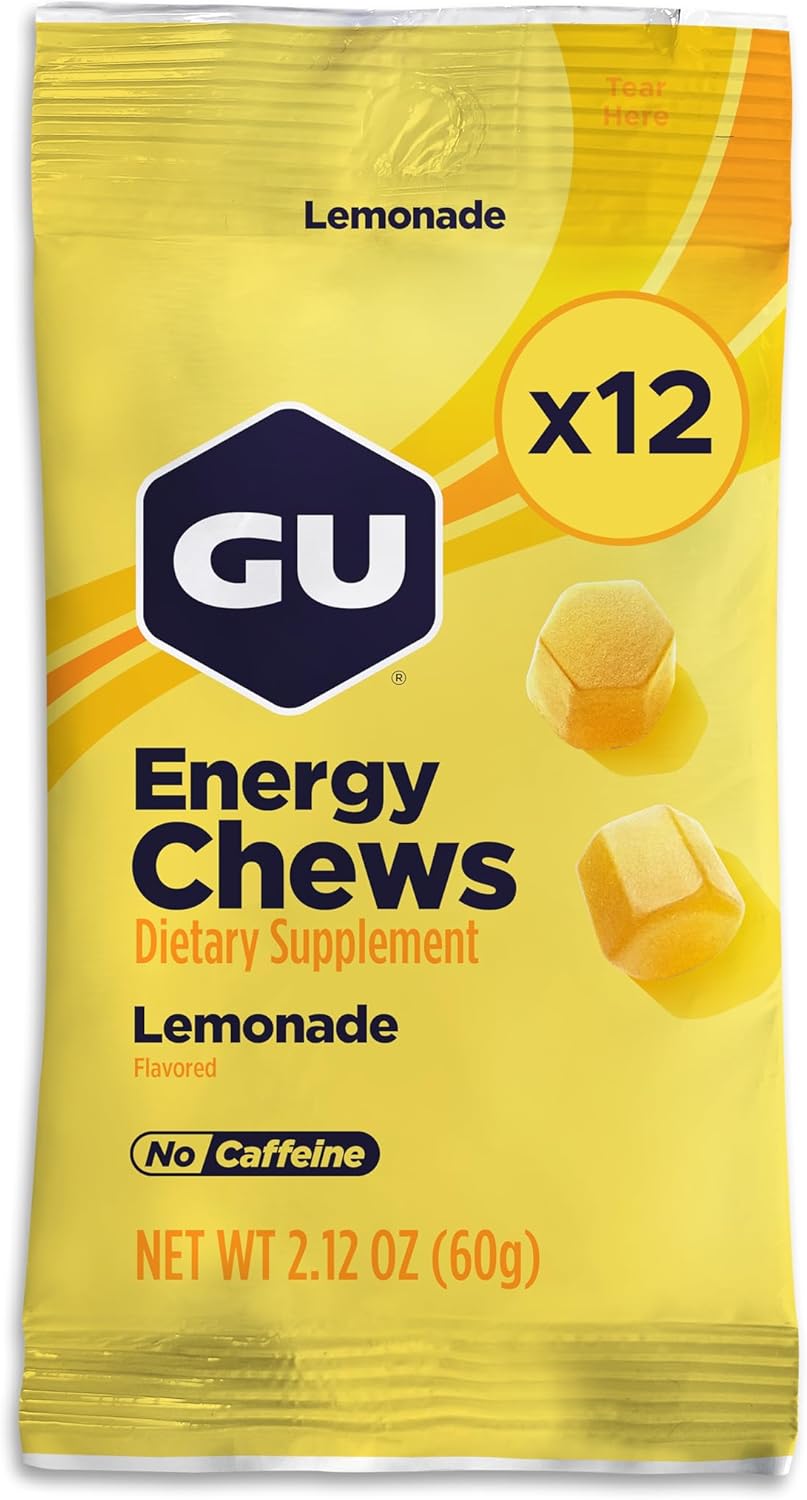 GU Energy Chews, Lemonade Energy Gummies with Electrolytes, Vegan, Gluten-Free, Kosher, and Dairy-Free On-The-Go Energy for Any Workout, 12 Bags (24 Servings Total)