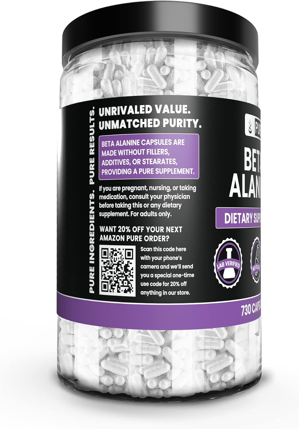 Pure Original Ingredients Beta Alanine, (730 Capsules) Always Pure, No Additives Or Fillers, Lab Verified