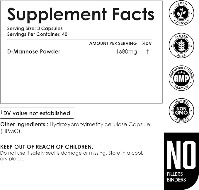 AMALTH D-Mannose Capsules 1680 mg per Serving, 120 Vegan Capsules, Pure Single Ingredient Mannose Supplement, Urinary Tract Support, UTI Wellness Support, Non GMO, Gluten Free