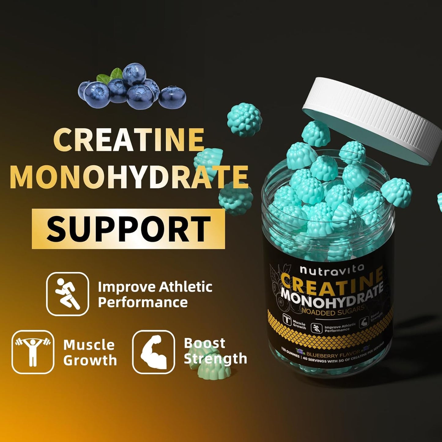 Creatine Monohydrate Gummies for Men & Women-5g of Creatine Monohydrate per Serving - Sugar Free,Vegan, Blueberry Flavor, 120 Count