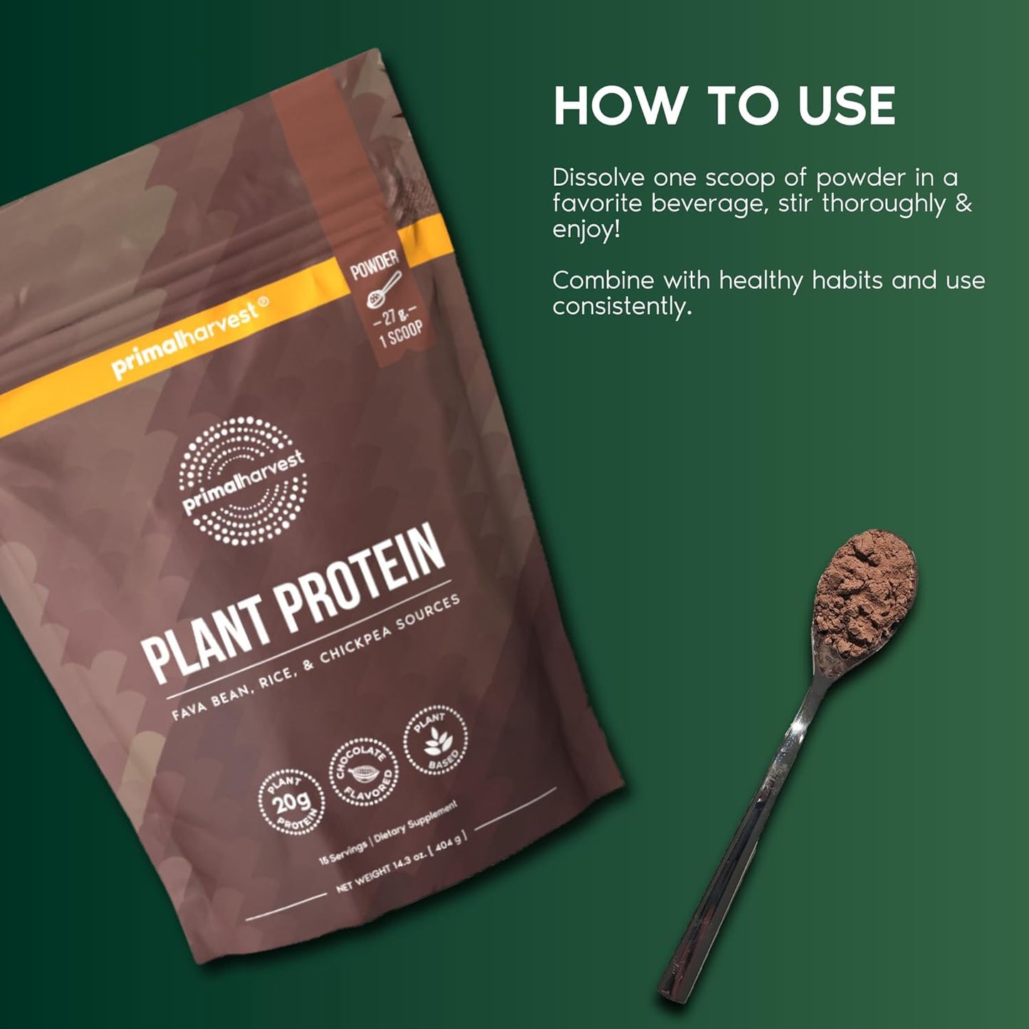 Primal Harvest Vegan Protein Powder for Nutritional Weight Support 20g Plant-Based Protein Per Serving from Fava Beans Chickpeas & Rice Chocolate Flavor 405g Gluten-Free Soy-Free No Added Sugar