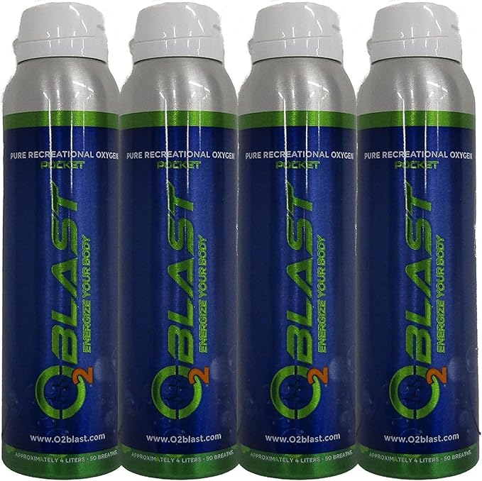 O2 Blast - Pure Oxygen Supplement - Filled with 99.99% Pure Oxygen to Support Fast Recovery, Increase Stamina & Enhance Focus for High Altitude and Action Sports, 4L Portable Can Flip-Top Cap, 4-Pack