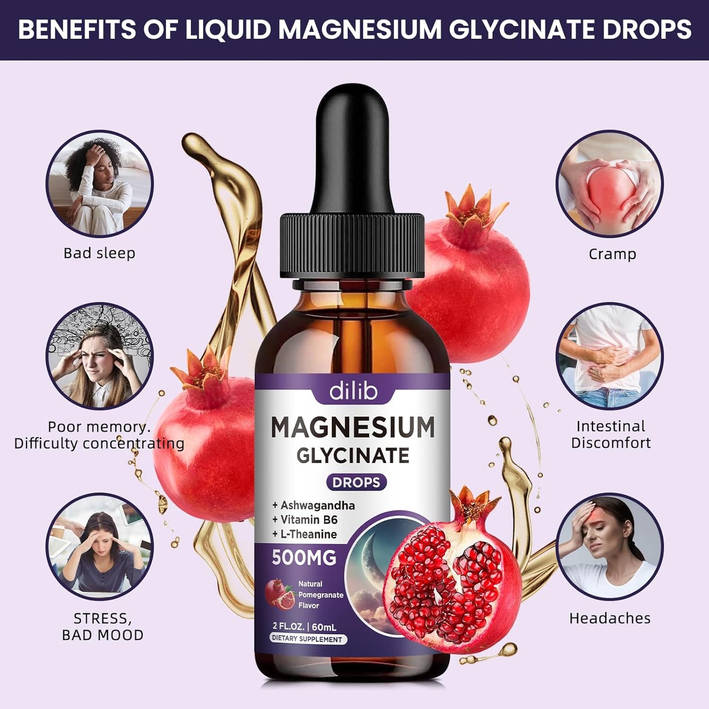 (2 Pack) Magnesium Glycinate Liquid Drops 500mg, with Vitamin B6, Ashwagandha, L - Theanine, Chamomile, Magnesium Glycinate Supplement High Absorption for Sleep, Stress, Energy - Pomegranate Flavor