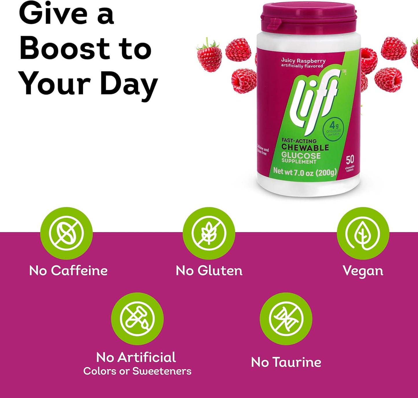 Lift Glucose Fast-Acting Glucose Chewable Energy Tablets, Raspberry, 50 ct Jar (Pack of 1)