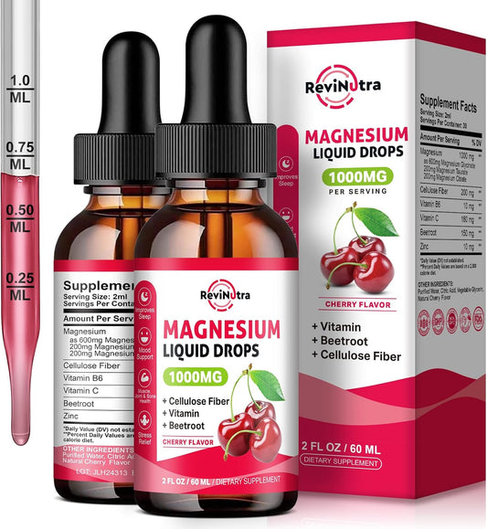 2 Pack Magnesium Glycinate Liquid Drops, 1000mg of Magnesium Glycinate, Taurate & Citrate Liquid Drops for Bone, Sleep, Calm, Muscle, Energy & Relaxation, High Absorption, Sugar-Free Cherry Flavor