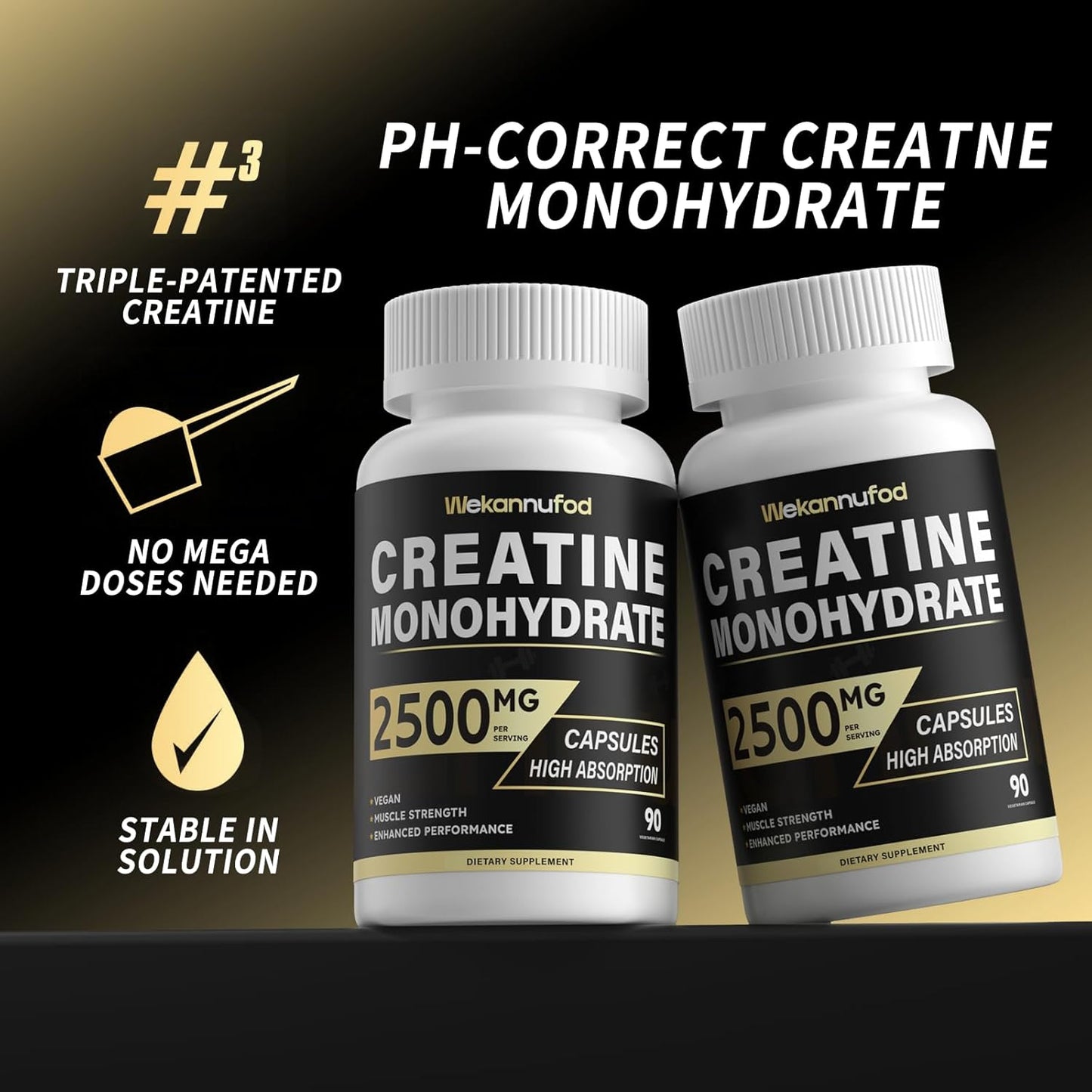 Creatine Monohydrate 2500mg, 90 Capsules - Gluten Free, Non-GMO