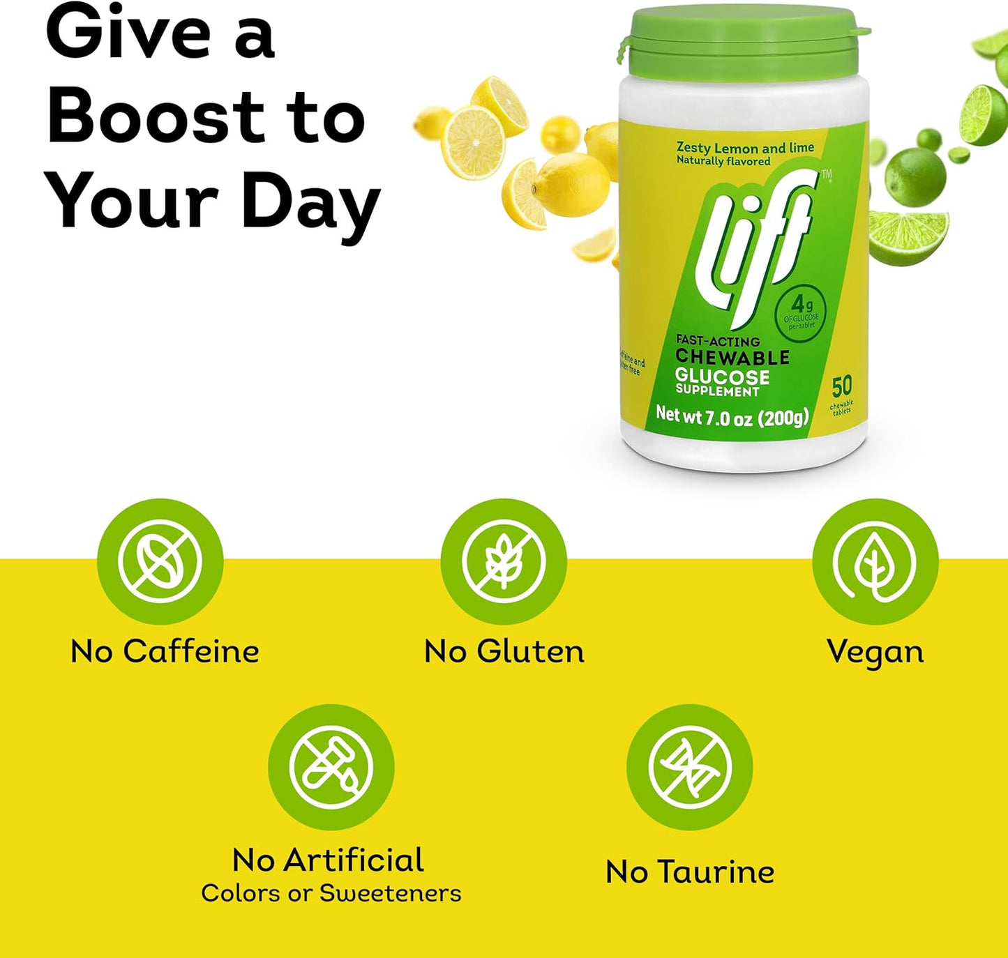 Lift Glucose | Fast-Acting Glucose Chewable Energy Tablets | Lemon & Lime | 50 ct Jar (Pack of 1)