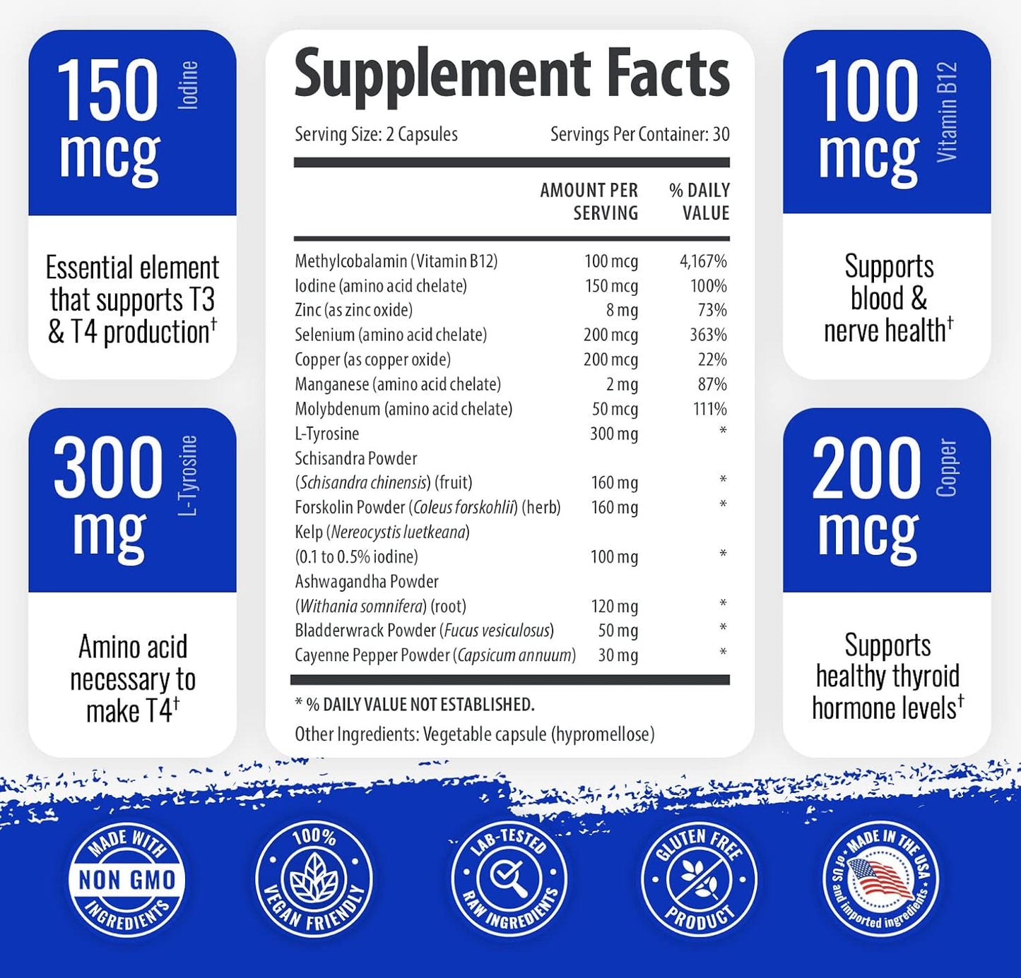 1 Body Thyroid Support Supplement with Iodine, Vitamin B12, Zinc, 60-Day Supply, 2 Pack