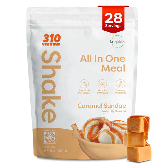 310 Nutrition All-In-One Meal Replacement Shake Powder - Plant-Based Protein Smoothie Blend w/High Fiber, Probiotics & Adaptogens - Low Carb, Vegan, Keto & Paleo Friendly - Caramel Sundae - 28 Srv