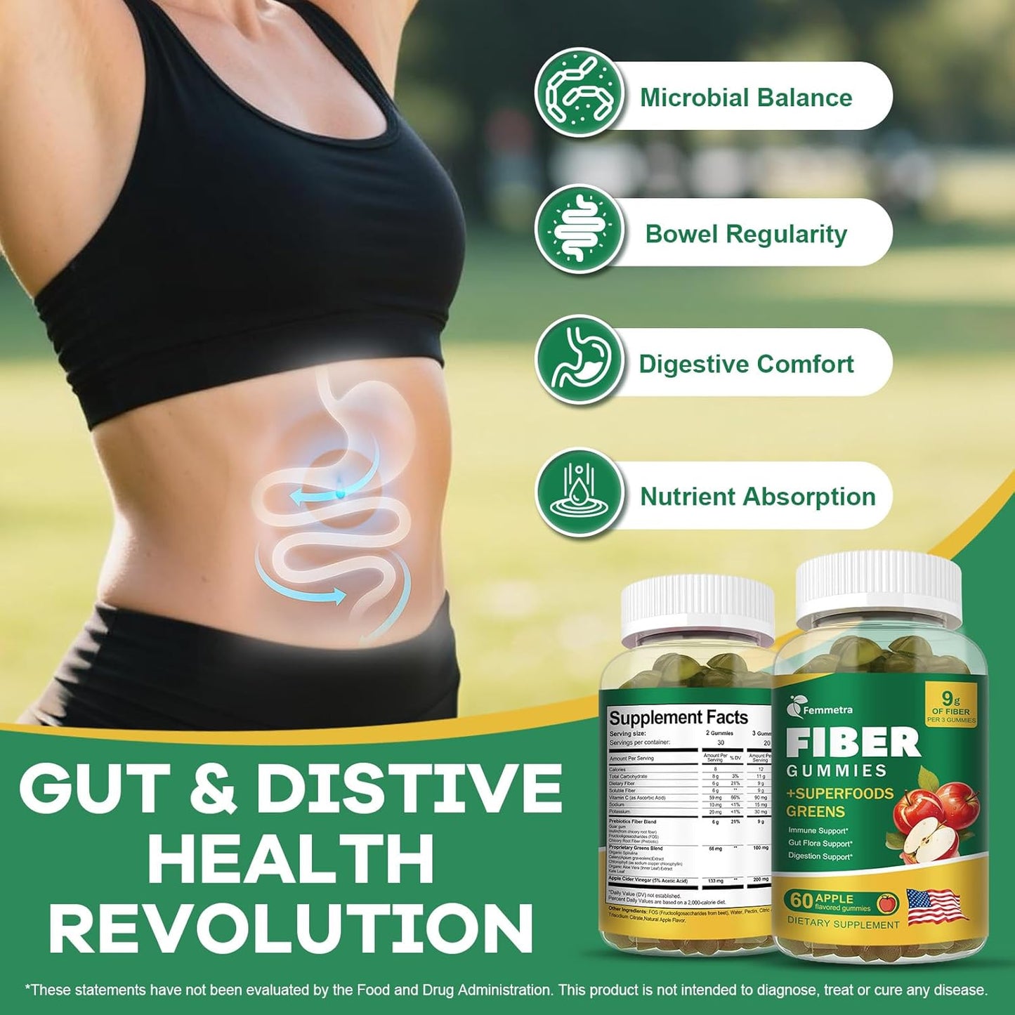 13-in-1 Fiber Gummies for Adults, Fiber Supplement for Digestive Health, Gut & Immunity, Prebiotic Fiber with Greens Blend & ACV - Non-GMO, Sugar Free – 60 Vegan Gummies, Apple Flavor