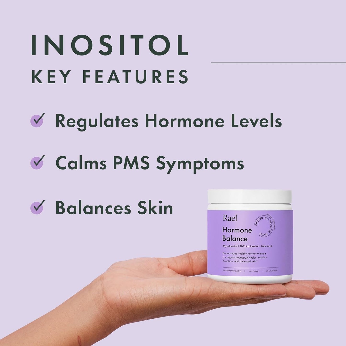 Rael Hormone Balance for Women, Inositol Powder Supplement - Ovarian Function Support, Vitamin B8, 40:1 Proven Ratio, Folic Acid, Vegan (30 Servings)