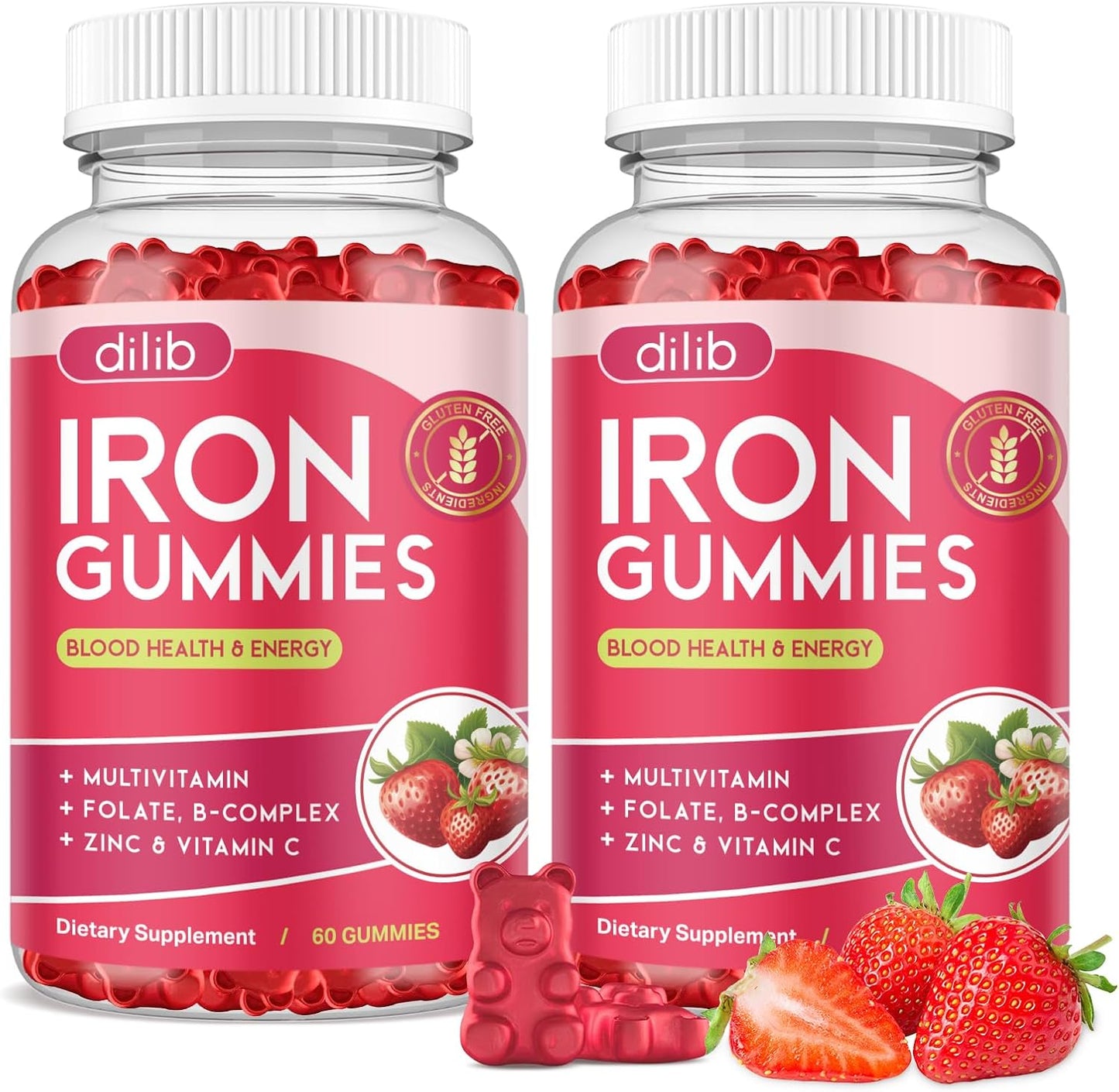 2 Pack Iron Gummies with Multivitamin, Iron Supplement for Women & Men with Zinc, Vitamin B Complex & C, B12, Folate - Blood Builder & Energy Support for Adults & Kids - Strawberry Flavor, Vegan 120ct