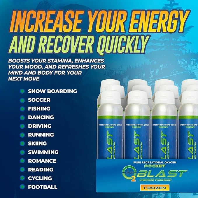 O2 Blast - Pure Oxygen Supplement - Filled with 99.99% Pure Oxygen to Support Fast Recovery, Increase Stamina & Enhance Focus for High Altitude and Action Sports, 4L Portable Can Flip-Top Cap, 12-Pack