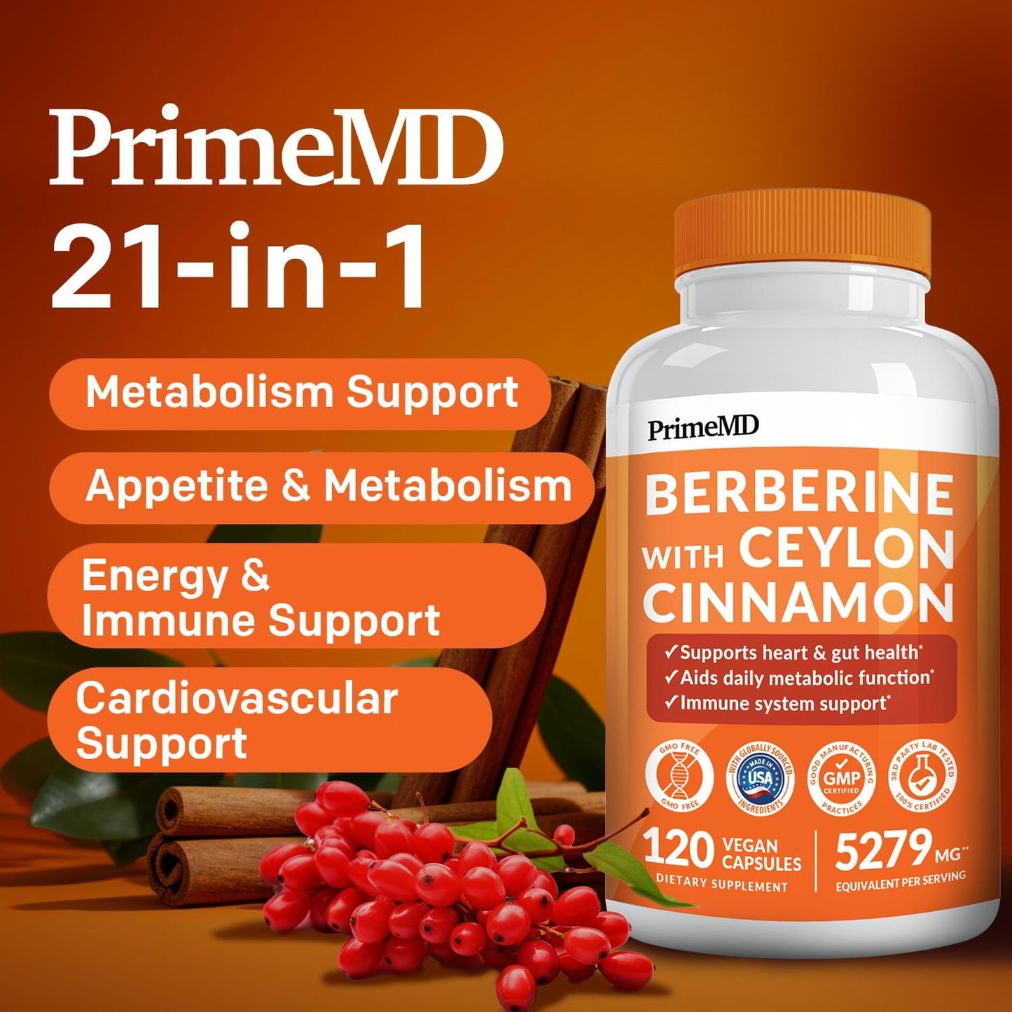 21-in-1 Berberine Supplement with Ceylon Cinnamon with Chromium, Bitter Melon and Green Tea Extract and Black Pepper Extract 5X for Energy & Metabolism Support with 5279 mg (120 ct, Pack of 3)