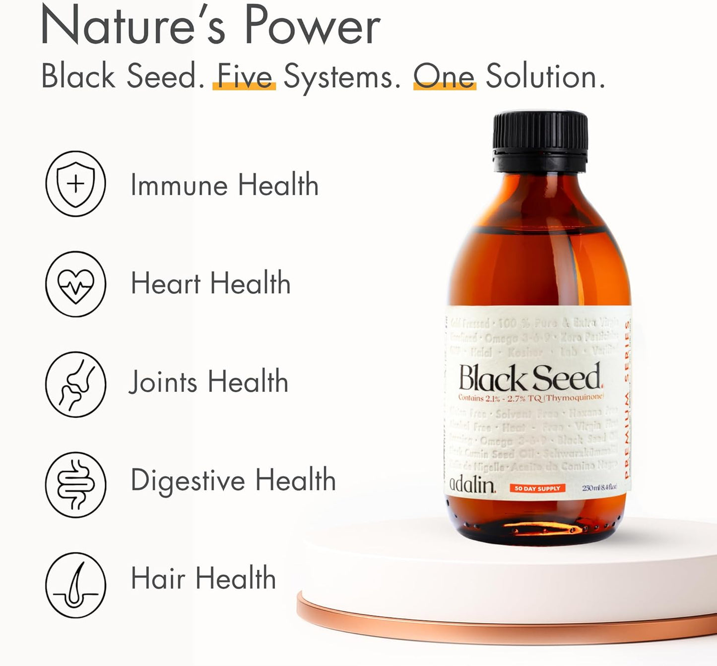 adalin Black Seed Oil Liquid 8.4 fl oz | Nigella Sativa Seed Oil | High Thymoquinone | Cold Pressed | Glass Bottle | Blackseed | Vegan | Gluten Free