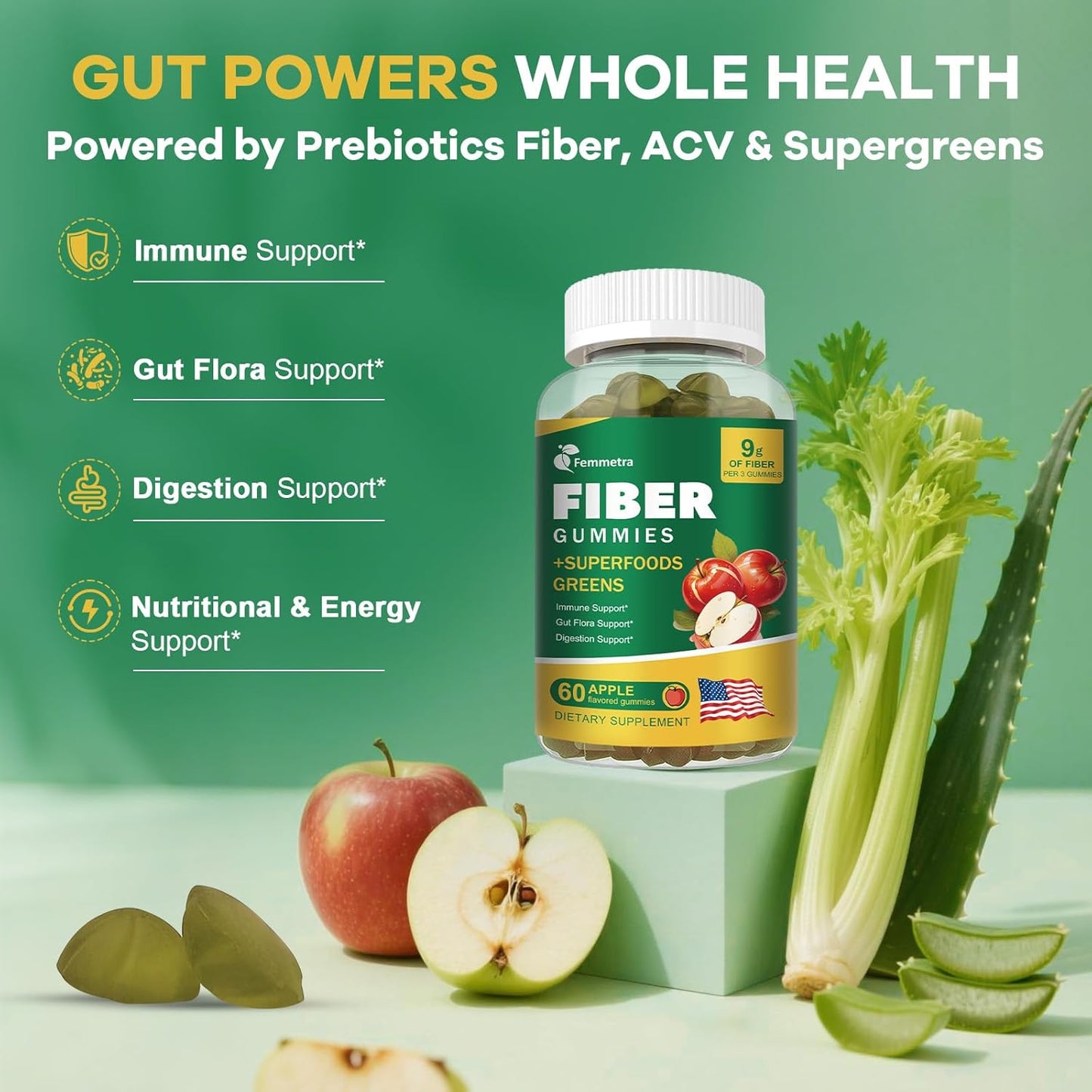 13-in-1 Fiber Gummies for Adults, Fiber Supplement for Digestive Health, Gut & Immunity, Prebiotic Fiber with Greens Blend & ACV - Non-GMO, Sugar Free – 60 Vegan Gummies, Apple Flavor