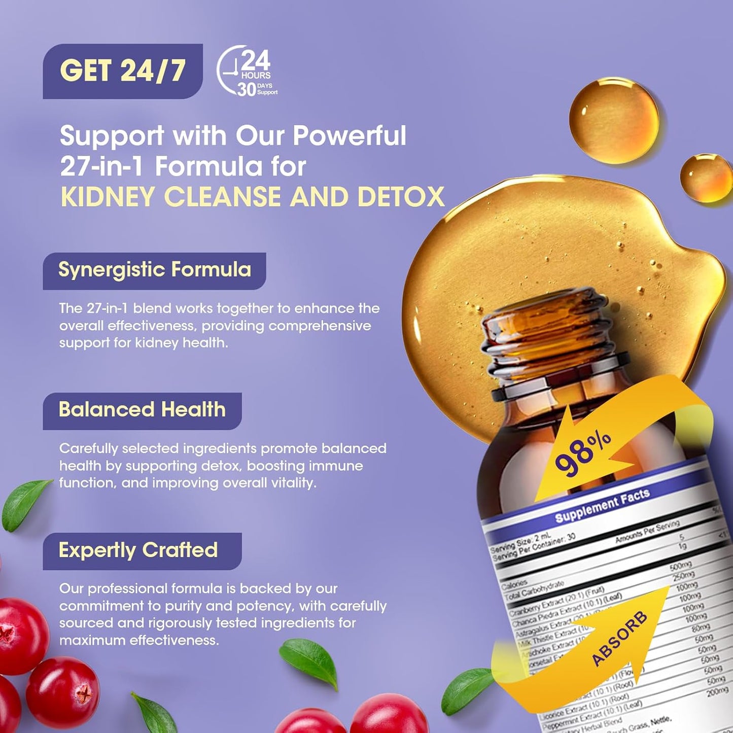 27-in-1 Kidney Cleanse Detox & Repair Drops - 20:1 Cranberry Extract & Chanca Piedra - Urinary Tract & Liver Cleanse - Vegan Kidney Support Supplement - Alcohol-Free, Non-GMO (2 Oz 1 Pack)