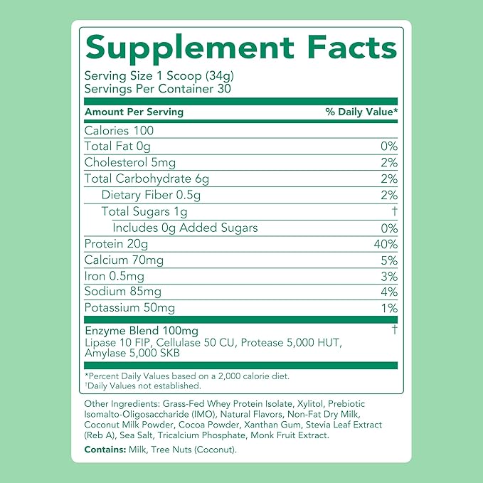 Clean Simple Eats Whey Protein Powder, Mint Chocolate Cookie Flavor, Naturally Sweetened, 100% Grass Fed Protein Powder with Digestive Enzymes, No Artificial Ingredients, Gluten Free, 30 Srvgs