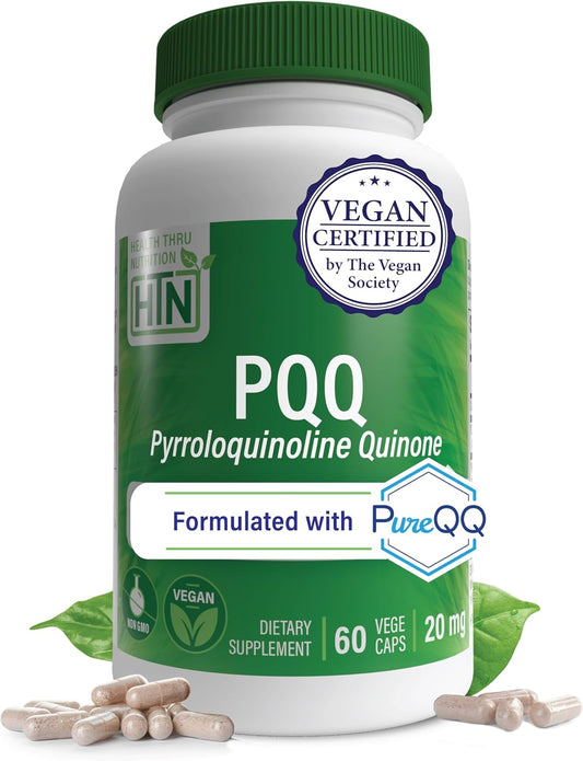 Health Thru Nutrition PQQ 20mg 60 Servings Pyrroloquinoline Quinone as PureQQ | Promotes Mitochondrial Biogenesis | Certified Vegan | Non-GMO Gluten Soy Free Capsules| Clean Label PQQ Supplement