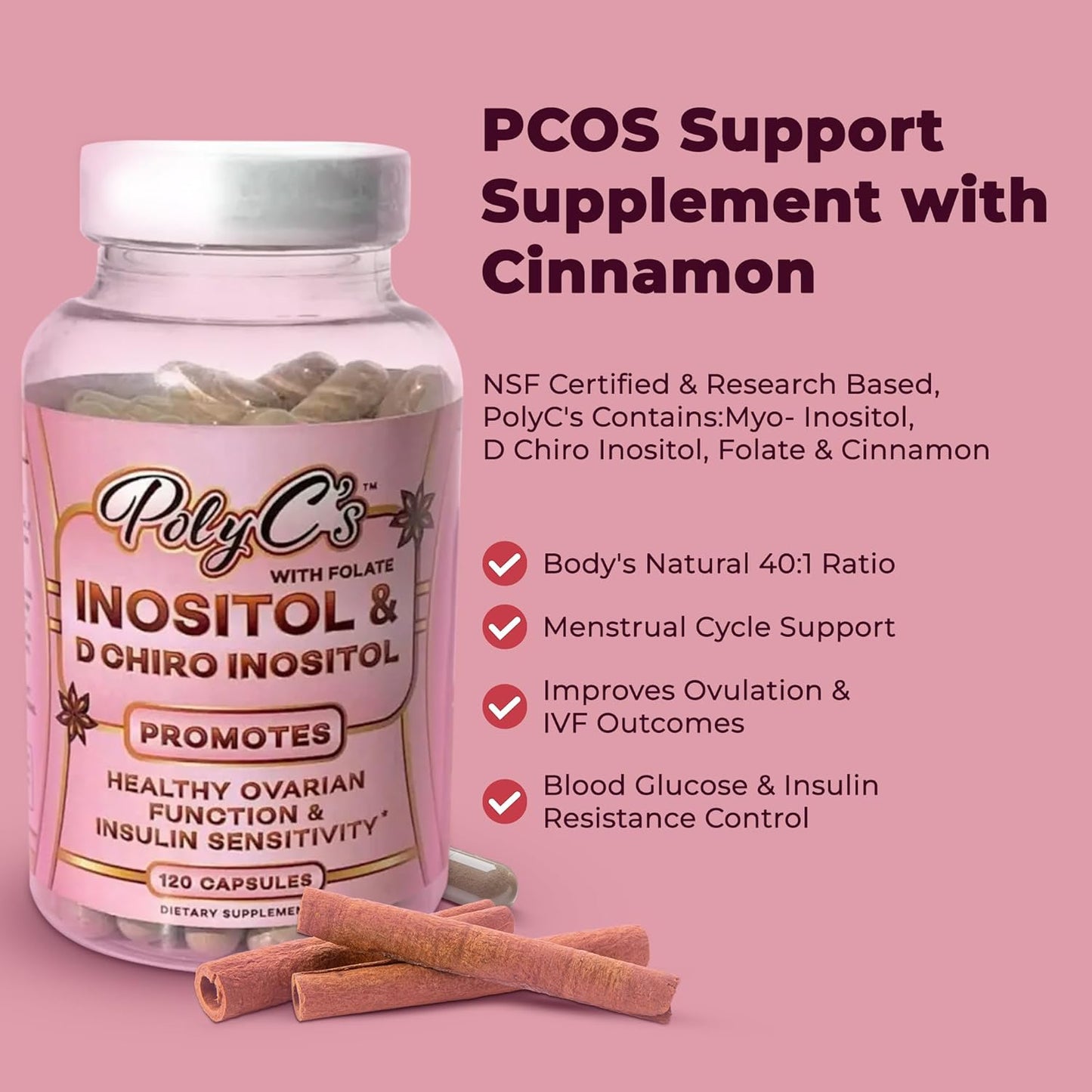 PolyC's Myo-Inositol & D-Chiro Inositol PCOS Supplement for Women 120 Capsules – Hormonal Imbalance, Fertility & Reproductive Wellness – Ovarian Hormone Stability, Menstrual Cycle Health with Folate
