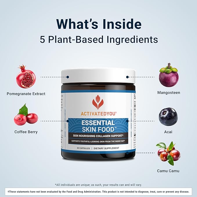 ACTIVATEDYOU Essential Skin Food, Advanced Skincare Collagen Elastin Support Supplement for Aging Skin, Helps Improve Appearance of Face Texture, Sagging w/Dermaval, Vitamin C, Lysine (30 Capsules)