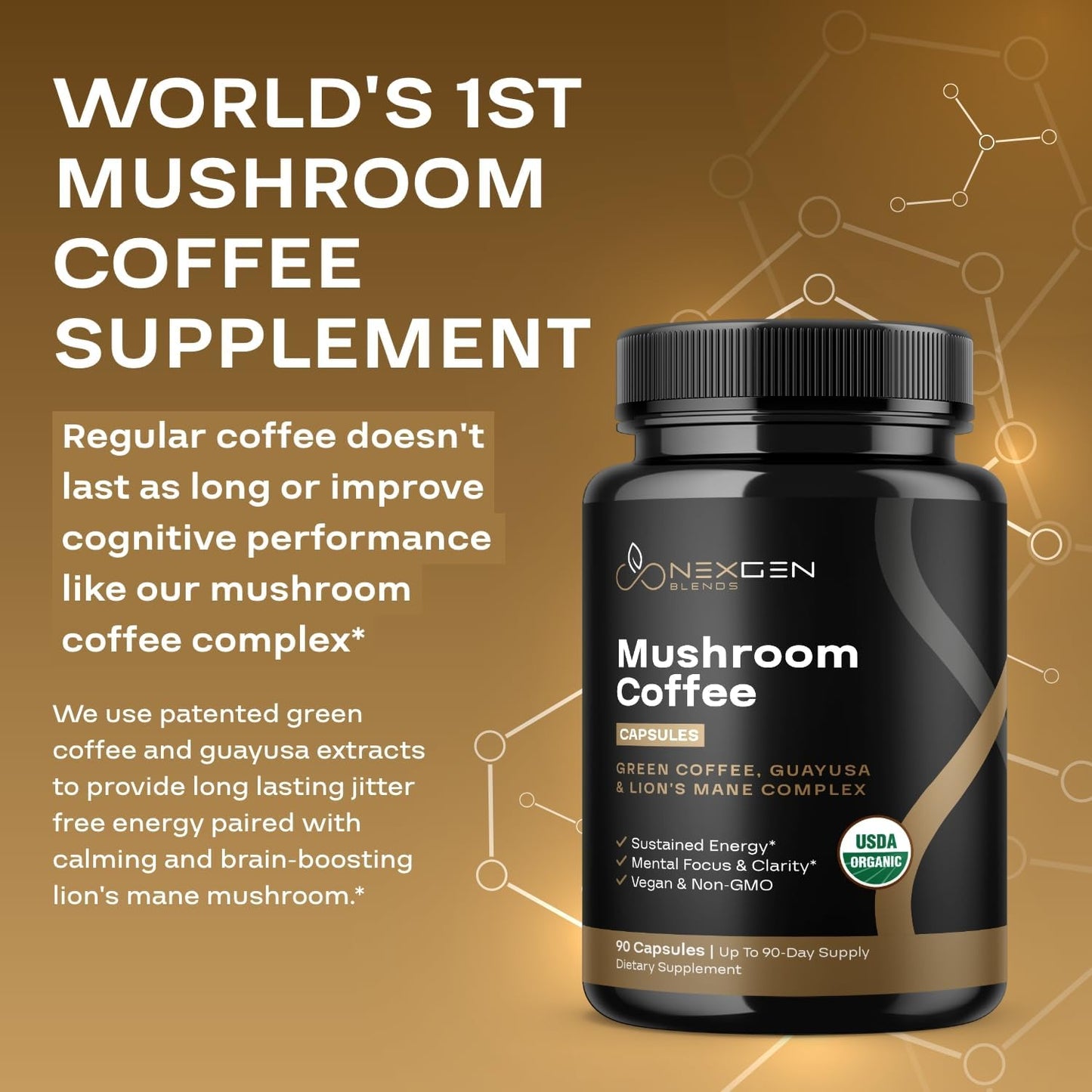100% Organic Mushroom Coffee Capsules - Natural Energy Supplement with 130mg Caffeine from Clinically Proven Patented Green Coffee Bean & Guayusa Extracts for Jitter-Free Energy & Focus (90 Servings)