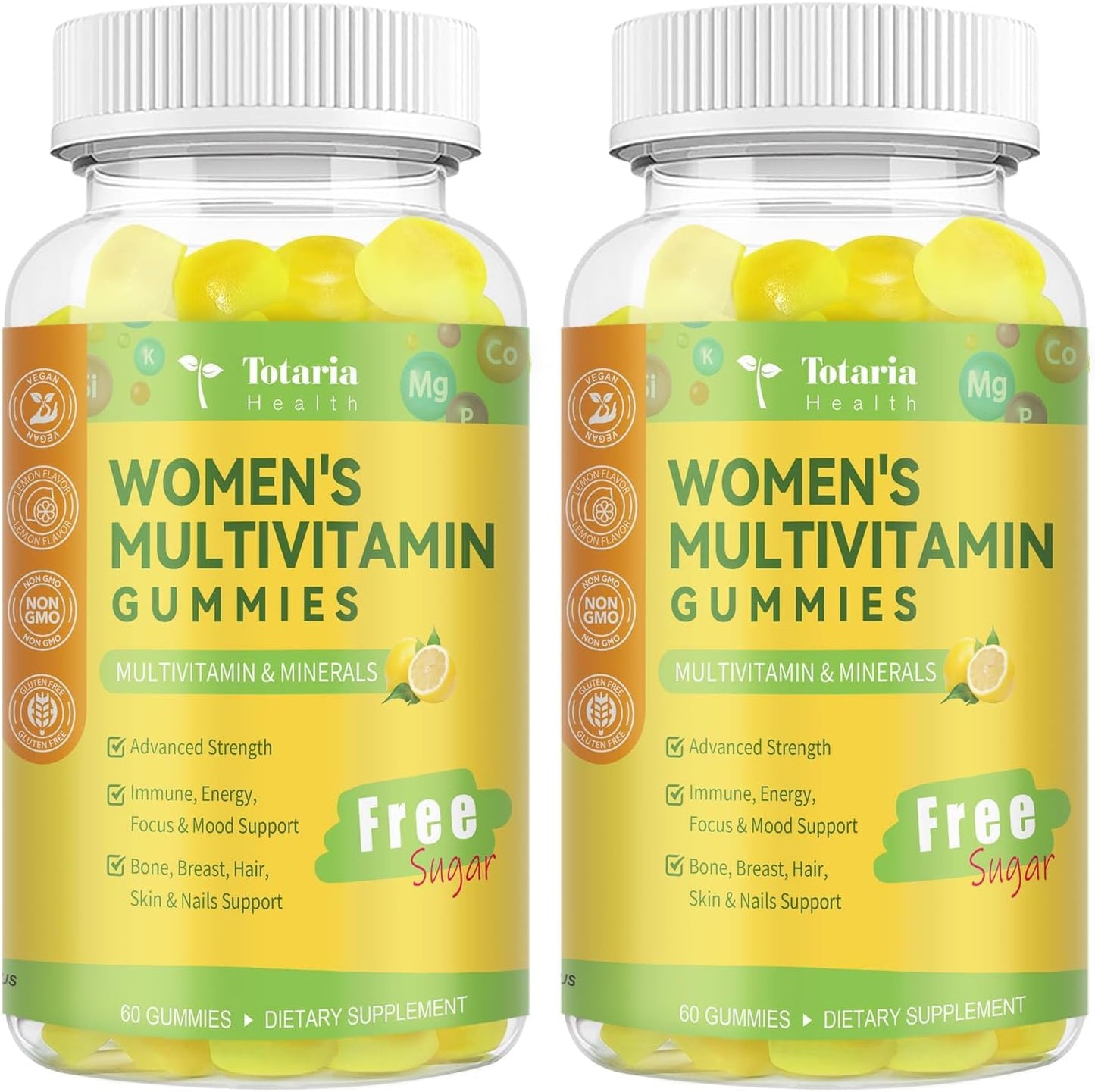 (2 Packs) Sugar Free Multivitamin Gummies for Women 14+ w/Iron, Inositol, Folate, Biotin, Womens Daily Multivitamin Gummy w/Vitamin A, D, C, B, Support Hair, Skin, Energy, Immune, Lemon Flavor
