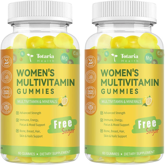(2 Packs) Sugar Free Multivitamin Gummies for Women 14+ w/Iron, Inositol, Folate, Biotin, Womens Daily Multivitamin Gummy w/Vitamin A, D, C, B, Support Hair, Skin, Energy, Immune, Lemon Flavor