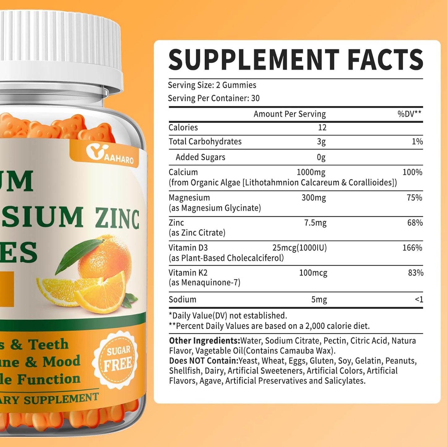 (2 Pack) Calcium Magnesium Zinc Gummies with Vitamin D3 & K2 - Sugar Free Calcium Gummies for Women and Men - Bone & Immune Support - Non-GMO, Gluten-Free, Orange Flavored - 120 Count