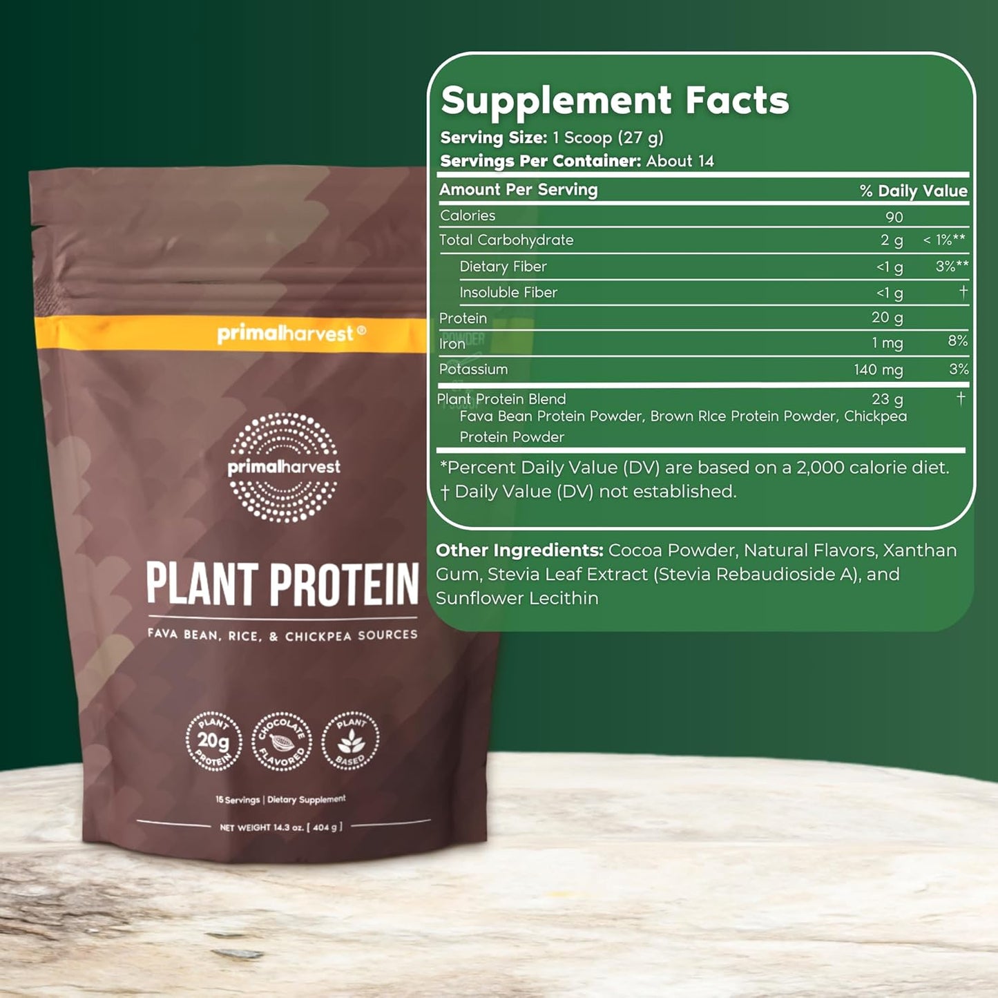 Primal Harvest Vegan Protein Powder for Nutritional Weight Support 20g Plant-Based Protein Per Serving from Fava Beans Chickpeas & Rice Chocolate Flavor 405g Gluten-Free Soy-Free No Added Sugar