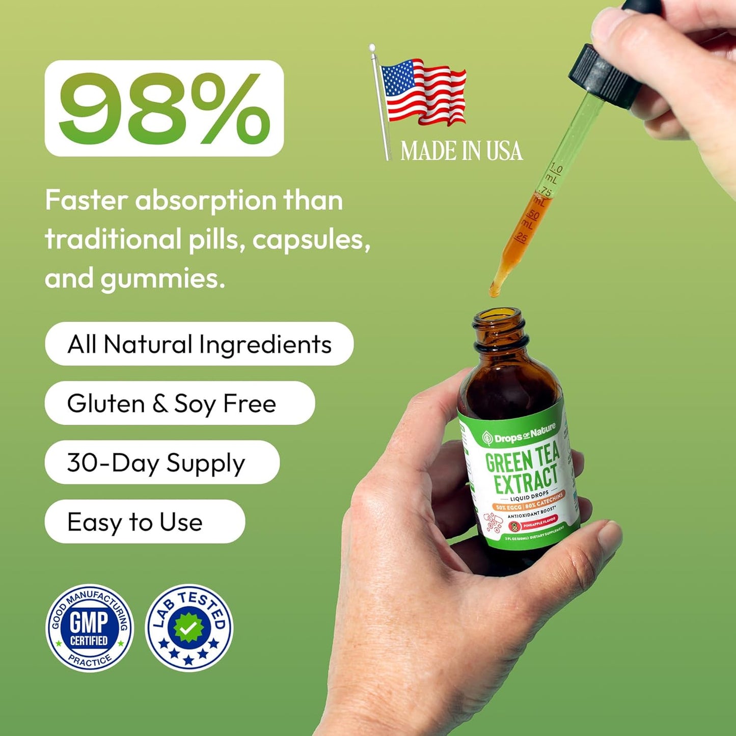 Green Tea 10:1 Extract 50% EGCG - Green Tea Liquid Drops - Vegan, 4X More Powerful Than Pills & Capsules - 2oz Antioxidant & Immune Supplement - Skin, Heart Support, Brain Health & Memory Boost