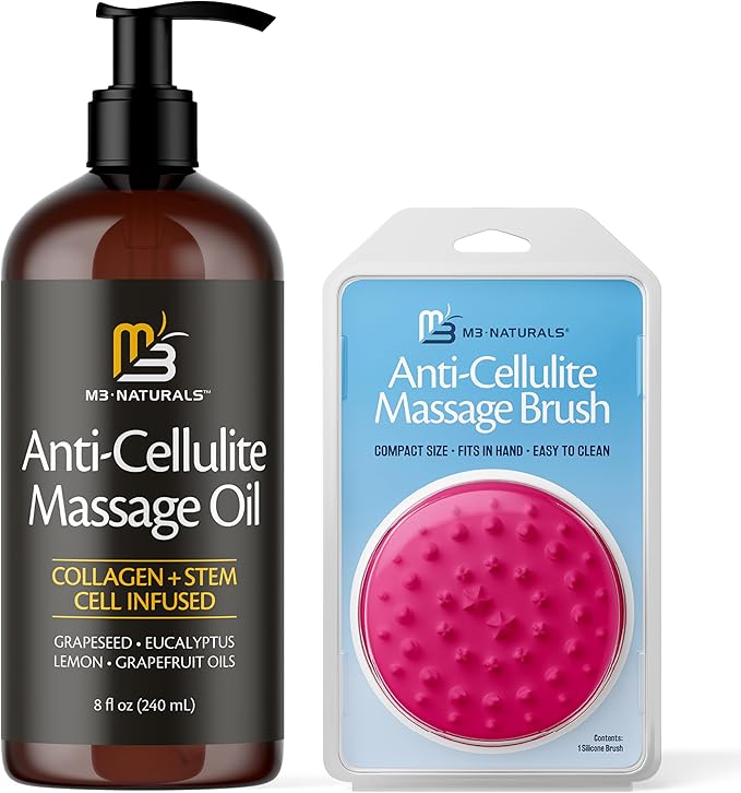 Anti Cellulite Massage Oil and Silicone Body Brush – Collagen and Stem Cell Skin Tightening Formula for Smoothing and Firming, 8 fl oz by M3