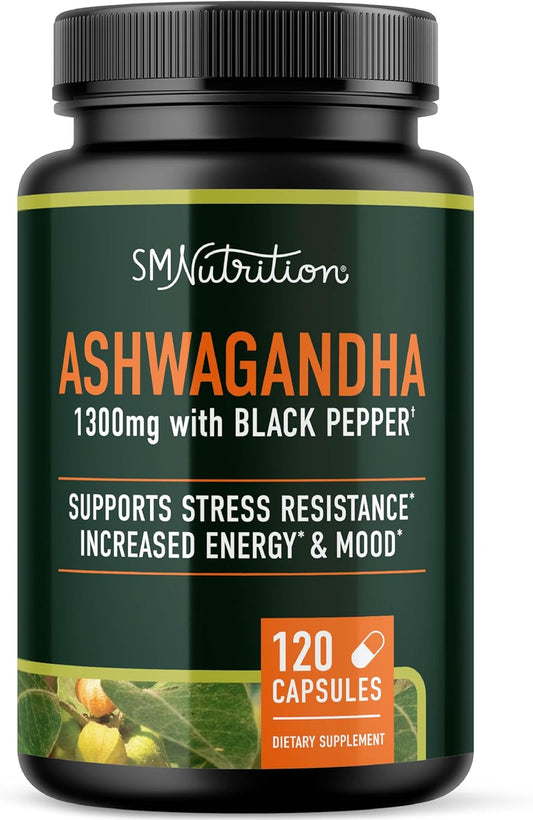 Ashwagandha Supplement 1300mg for Stress Resistance & Energy Boost | High Absorption Adaptogen from Root Powder with Black Pepper | Stress-Related Fatigue Support | Non-GMO | 120ct, 2-Month Supply