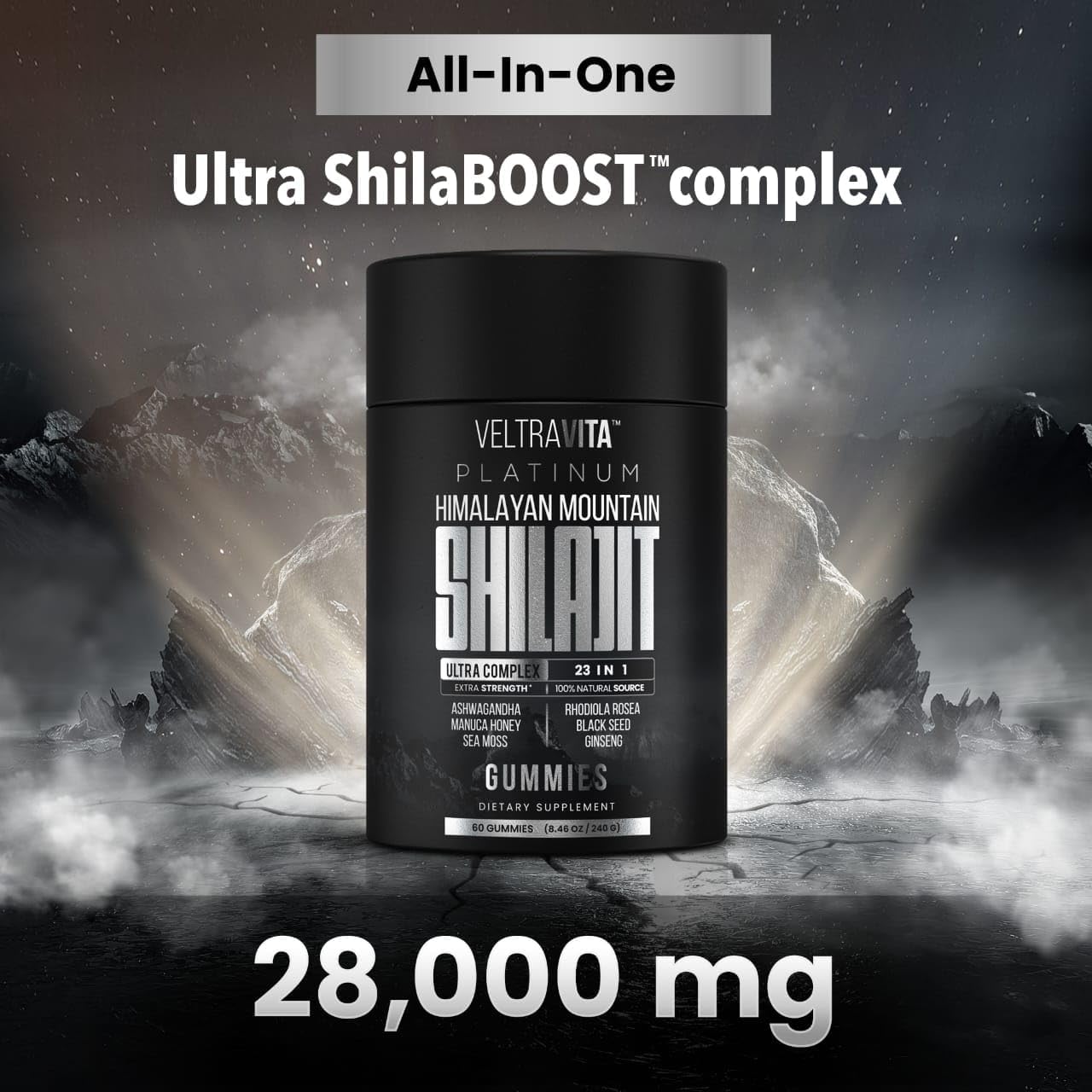 28000 mg, 23-in-1, Himalayan Shilajit for Men, Ashwagandha Gummies Platinum, Irish Sea Moss Gel, Black Seed Oil, Manuka Honey Medical Grade, Tongkat Ali, Rhodiola Rosea, No Sugar, Lab Test