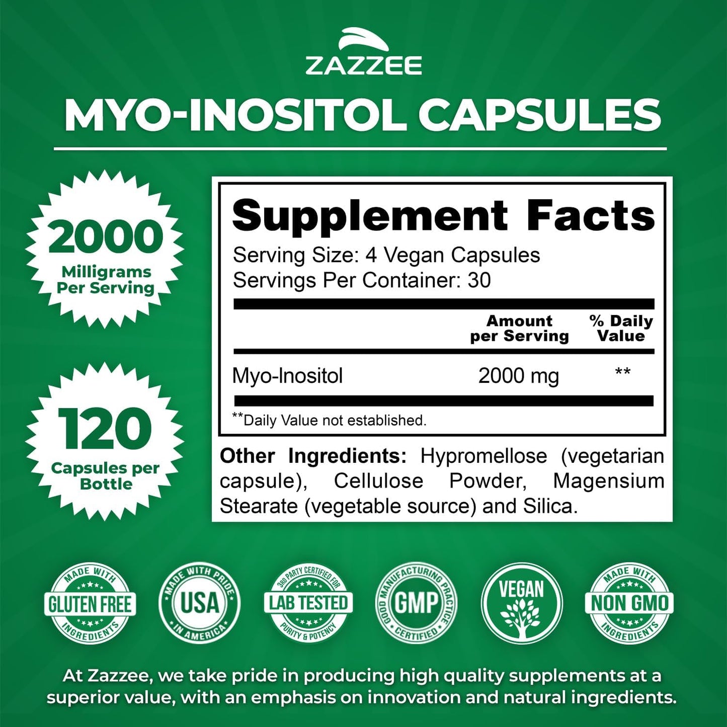 Zazzee Myo-Inositol Capsules, 2000 mg per Serving, 120 Vegan Capsules, Ideal Dosage for 40:1 Ratio, 100% Vegetarian, Hormone Balance & Healthy Ovarian Function Support, All-Natural and Non-GMO