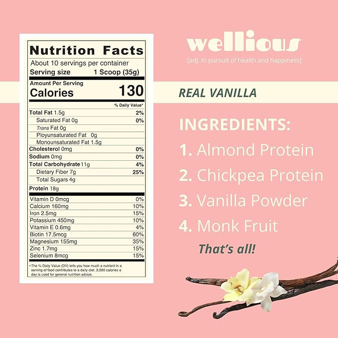wellious Almond Protein Powder (Vanilla) - 18 Grams of Pure Healthiest Vegan Protein for Women & Men - Perfect Gluten-Free, Soy-Free & Smooth Gut Friendly Protein Powder for Sports Nutrition