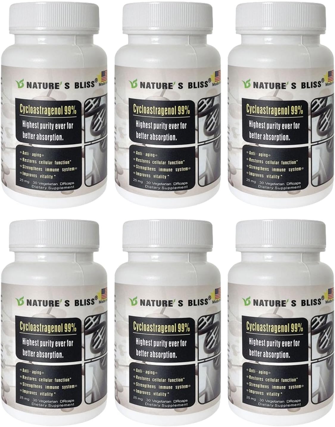 Nature'sbliss Cycloastragenol 25mg 99%,Telomere Supplements, Astragalus Root Extract, Anti Aging Supplement, Made in USA, Immunity Boost, Stomach Acid Protected, Super Absorption, 180 Capsules