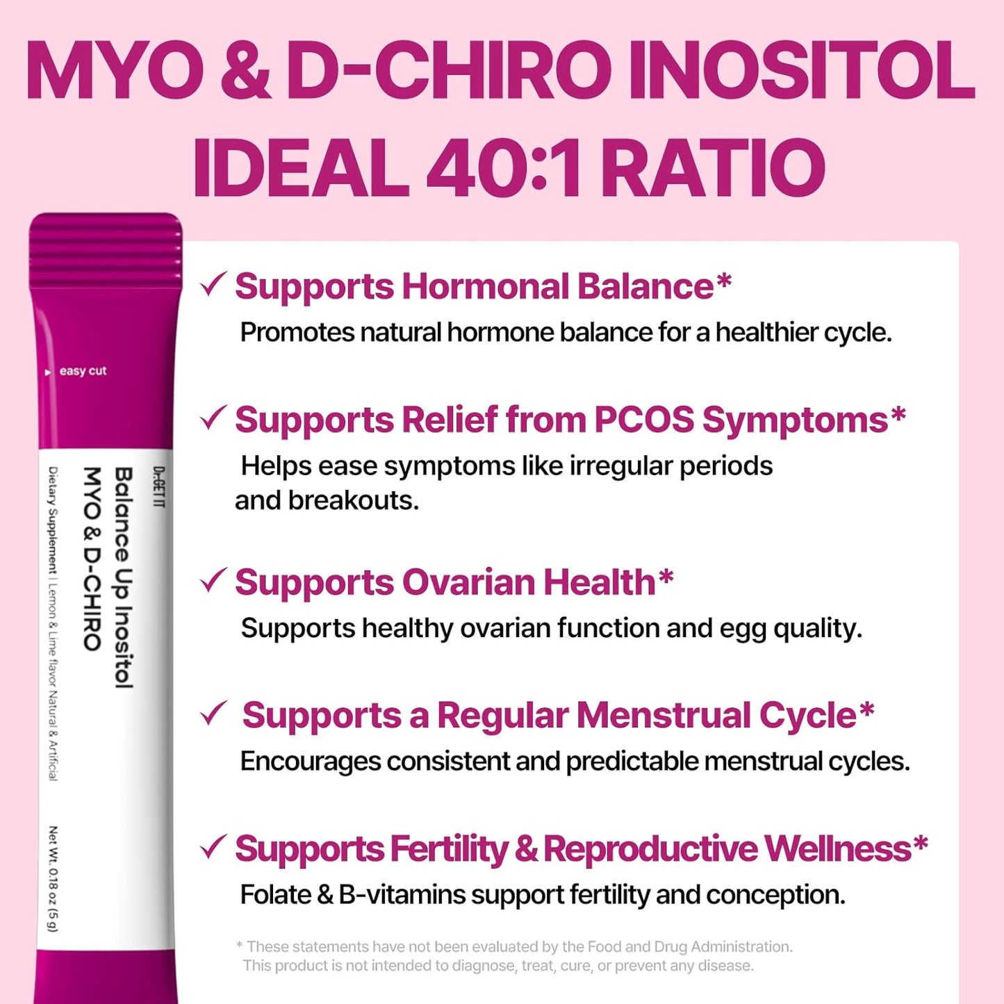 Balance Up Myo-Inositol & D-Chiro Inositol | 40:1 with Folate & Choline Hormone & Reproductive Health for Women| On-The-Go Powder Stick Supplement| Lemon Lime Flavor 30 Single-Serve Sticks