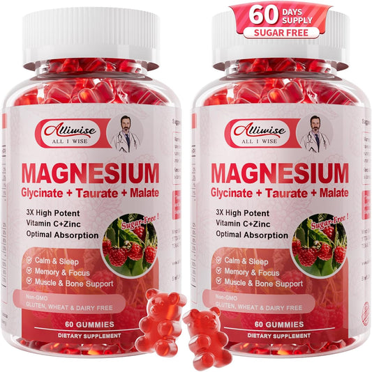 2Pack Magnesium Glycinate Gummies 500mg,Magnesium Supplement with Taurate, Malate, Vitamins D, C, B6, Calcium for Sleep, Relaxation, Muscle, Bone Health & Immune Support-120 Count