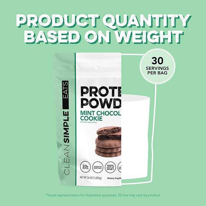 Clean Simple Eats Whey Protein Powder, Mint Chocolate Cookie Flavor, Naturally Sweetened, 100% Grass Fed Protein Powder with Digestive Enzymes, No Artificial Ingredients, Gluten Free, 30 Srvgs