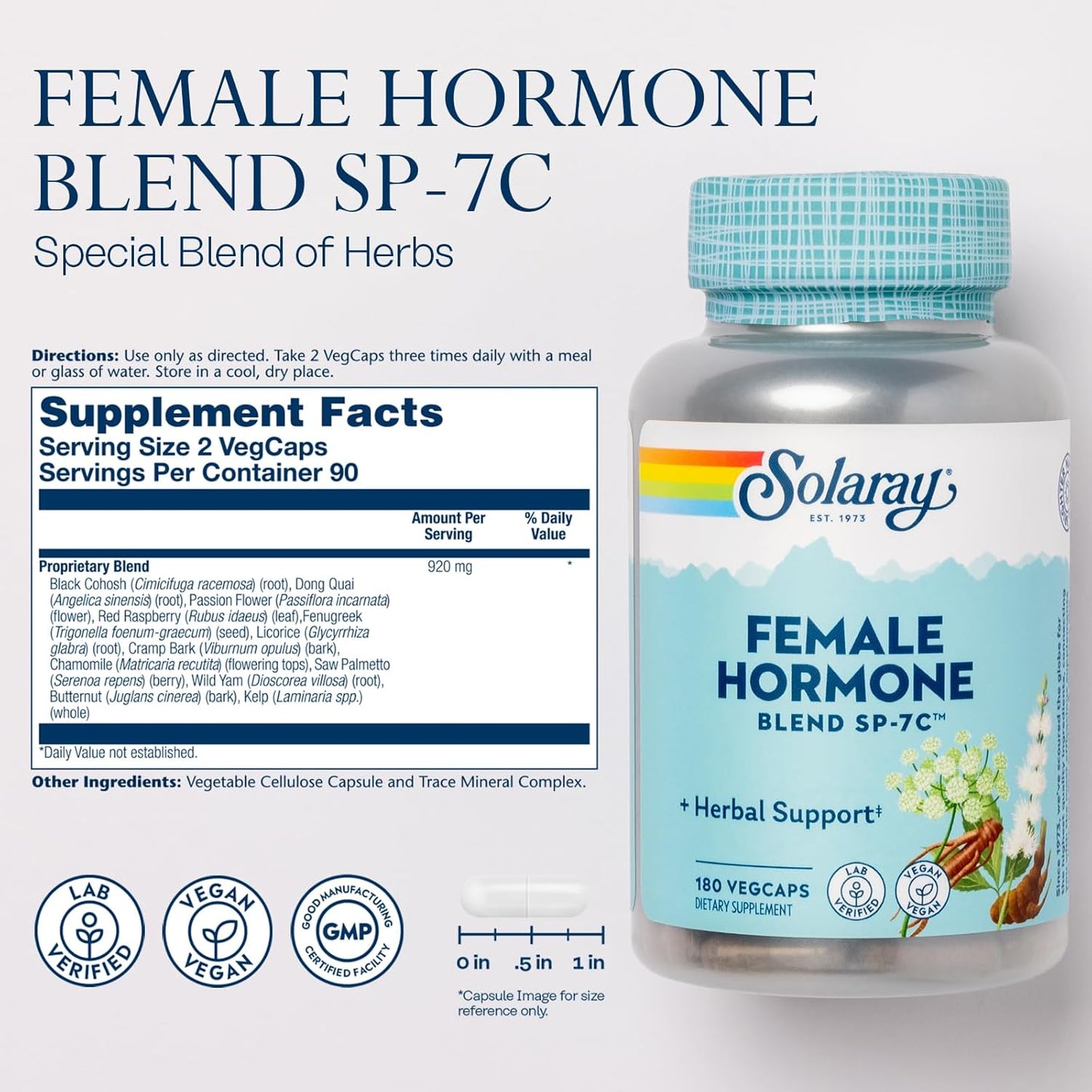 SOLARAY Female Hormone Blend SP-7C, Herbal Blend Includes Black Cohosh, Dong Quai, Passion Flower, Saw Palmetto, Wild Yam & More 180 VegCaps