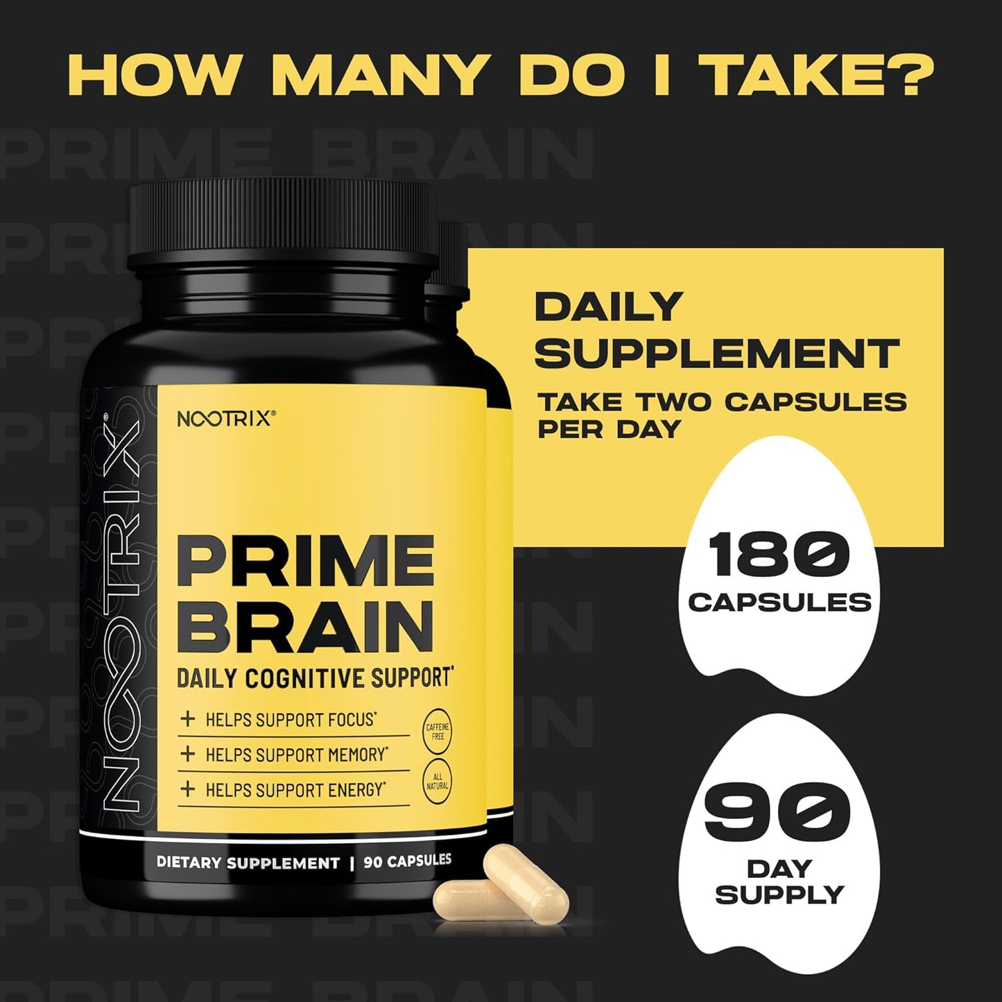 Prime Brain Nootropic Supplement | Supports Memory, Mental Focus, Cognitive Health & Energy | Promotes Healthy Mood & Brain Function | Ginkgo Biloba, Lion's Mane & L Theanine | 180 Capsules