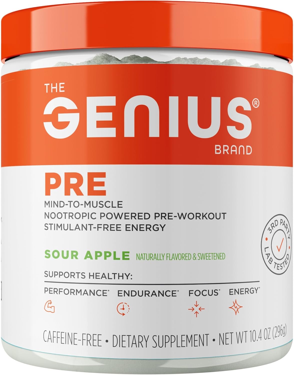 Genius Pre Workout Powder, Sour Apple - All-Natural Nootropic Pre-Workout & Caffeine-Free Nitric Oxide Booster Supplement with Beta Alanine & Alpha GPC - No Artificial Flavors, Sweeteners, or Dyes