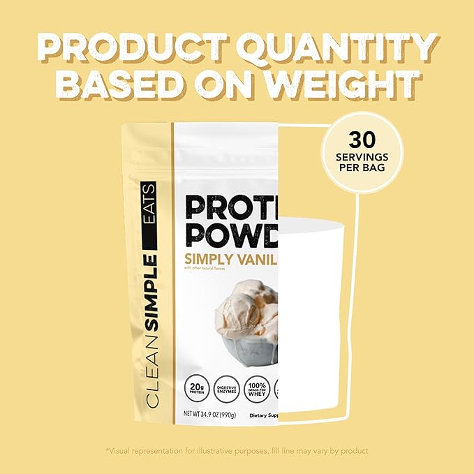 Clean Simple Eats Whey Protein Powder, Simply Vanilla Flavor Naturally Sweetened, 100% Grass Fed Protein Powder with Digestive Enzymes & No Artificial Ingredients, Gluten Free, 30 Servings