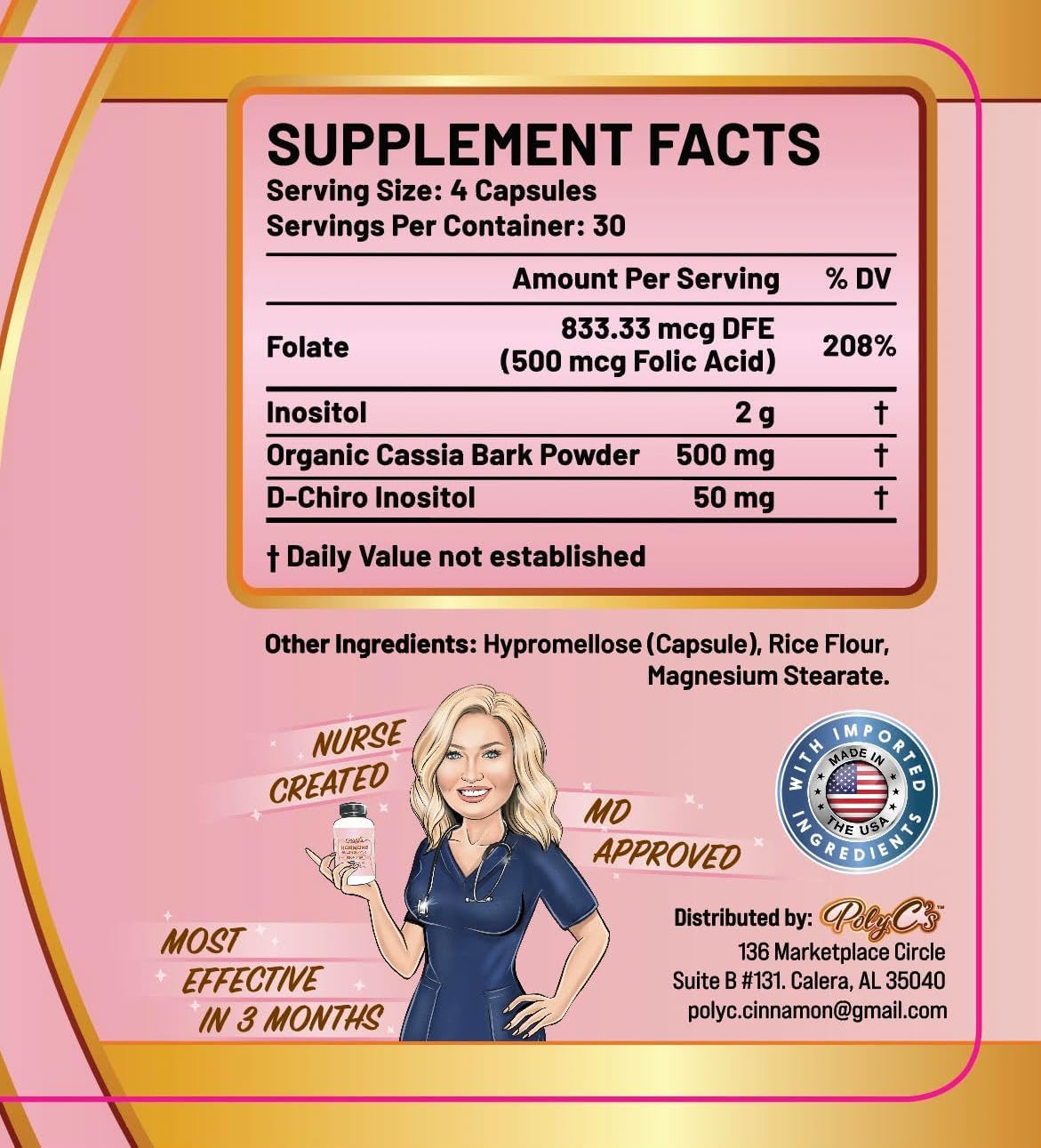 PolyC's Myo-Inositol & D-Chiro Inositol PCOS Supplement for Women 120 Capsules – Hormonal Imbalance, Fertility & Reproductive Wellness – Ovarian Hormone Stability, Menstrual Cycle Health with Folate