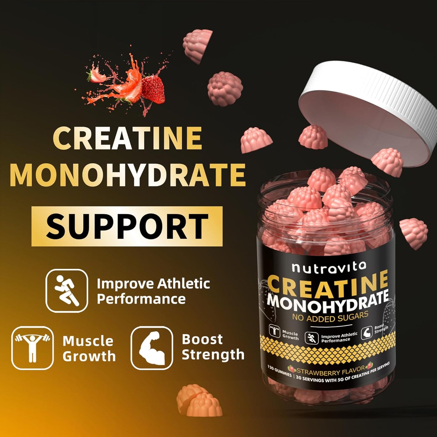 Creatine Monohydrate Gummies for Men & Women-5g of Creatine Monohydrate per Serving - Sugar Free,Vegan, Strawberry Flavor, 120 Count